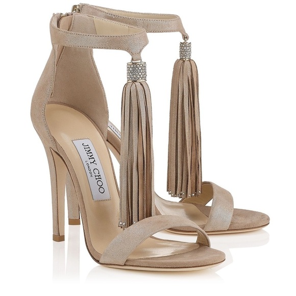 Jimmy Choo Viola Crystal Embellished Tassel Metallic Suede Heel Sandals 39.5